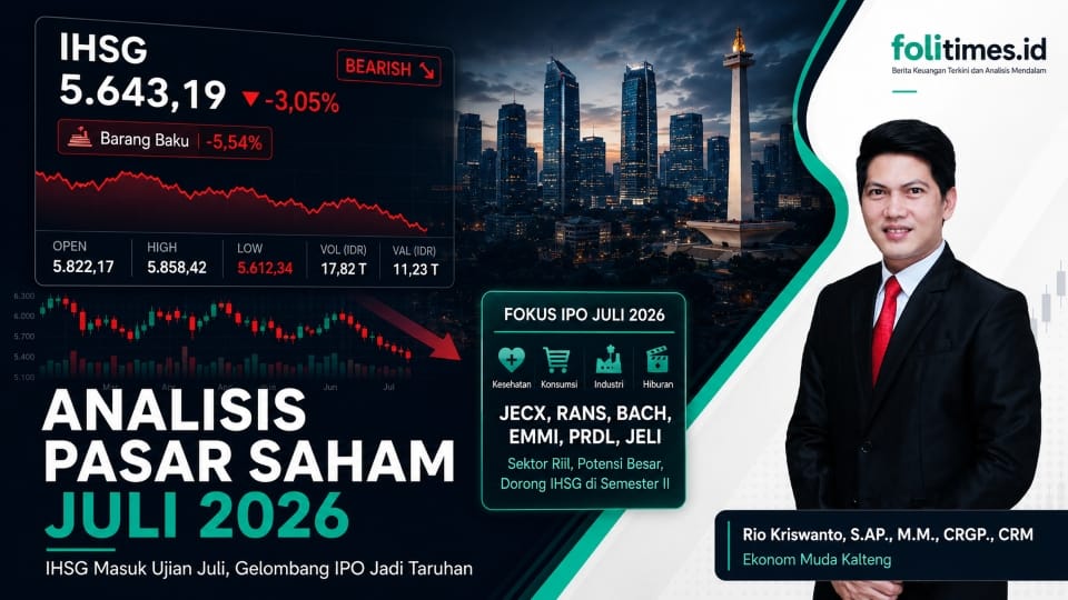 Ilustrasi analisis pasar saham Juli 2026 bersama Ekonom Muda Kalteng Rio Kriswanto. IHSG tertekan, IPO baru menjadi sorotan investor.