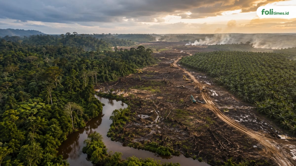 Ilustrasi deforestasi Kalimantan, pembukaan lahan, perkebunan sawit, dan krisis ekologis akibat tekanan konsesi