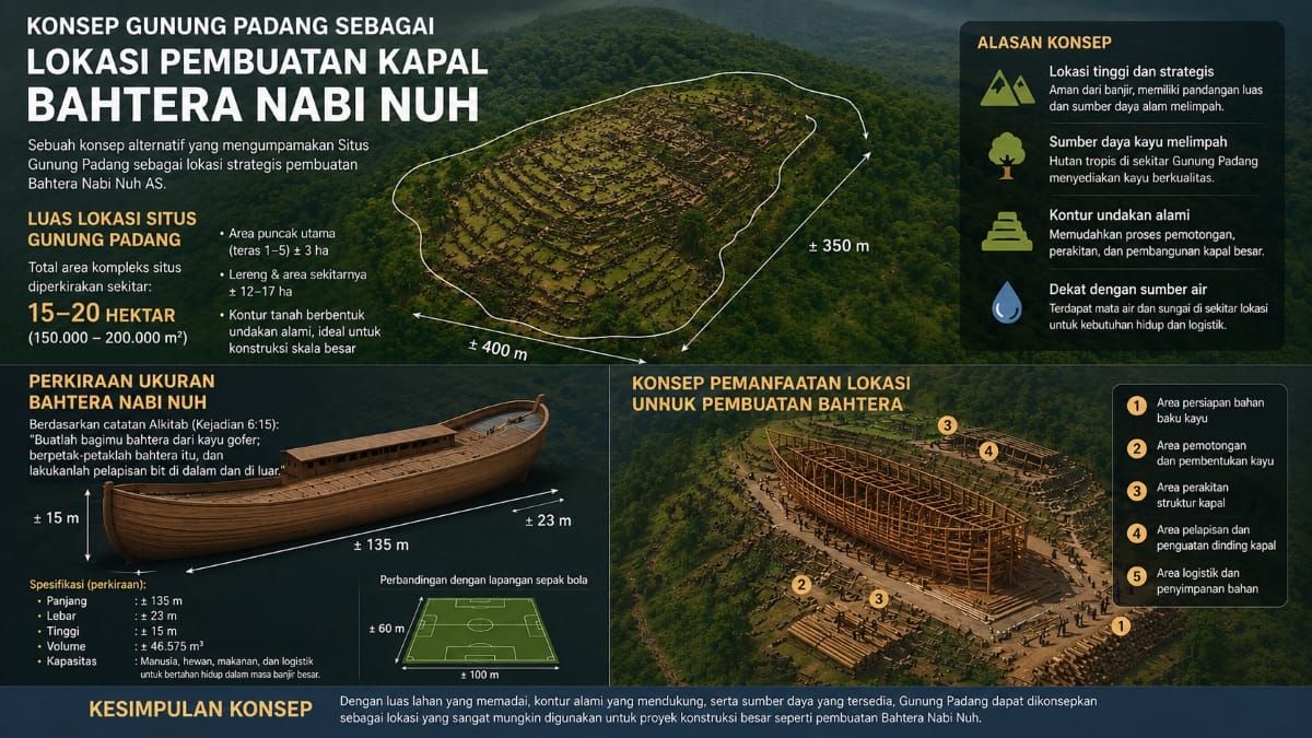 Ilustrasi konseptual Gunung Padang sebagai ruang peradaban tua. Visualisasi ini bersifat hipotesis dan tidak menjadi bukti arkeologis hubungan Gunung Padang dengan Bahtera Nabi Nuh.
