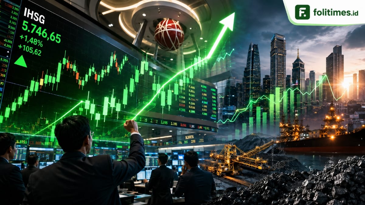 Ilustrasi IHSG menguat dengan grafik saham hijau, layar perdagangan bursa, dan sektor komoditas