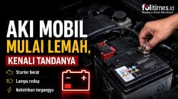 Ilustrasi tangan memeriksa aki mobil di ruang mesin