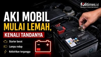 Ilustrasi tangan memeriksa aki mobil di ruang mesin