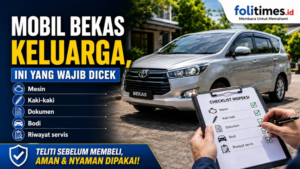 Ilustrasi pemeriksaan mobil bekas keluarga dengan daftar cek kendaraan