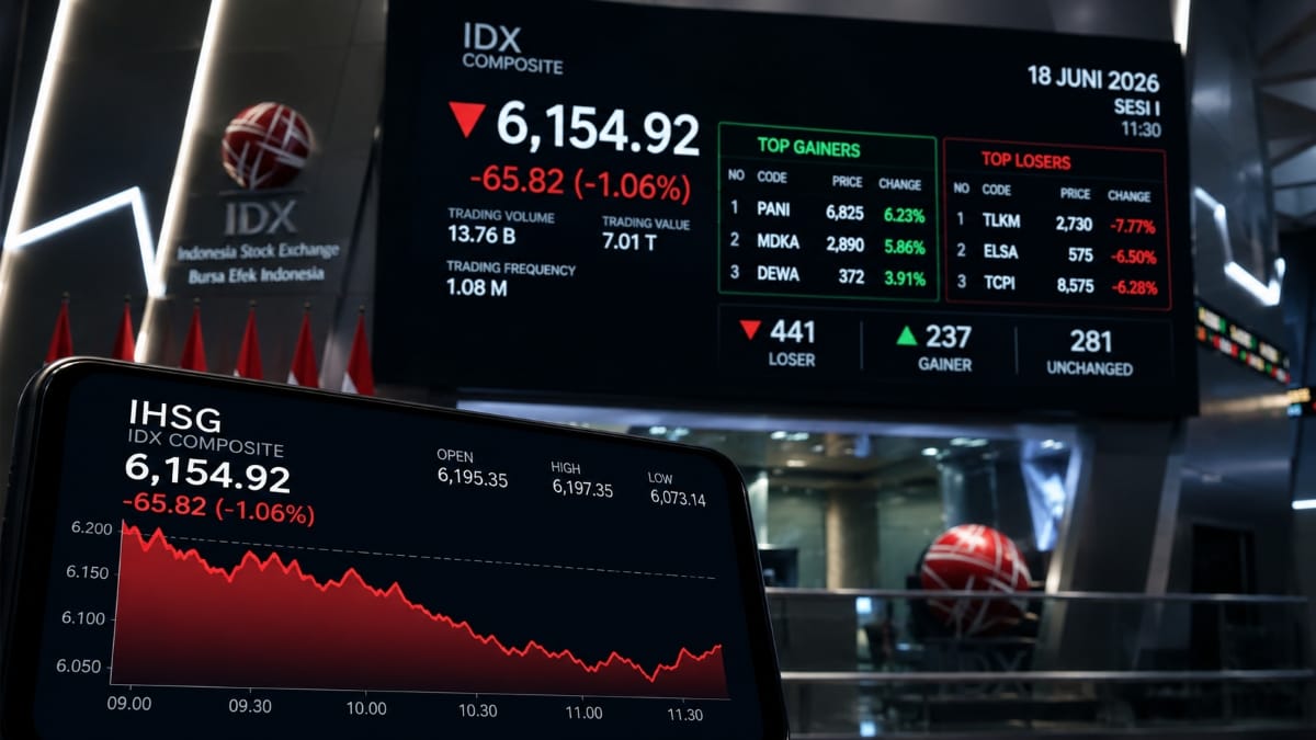 Ilustrasi pergerakan IHSG pada sesi pertama perdagangan Indeks melemah 1,06 persen ke level 6.154,92, dengan tekanan terlihat pada sejumlah saham besar seperti TLKM, ELSA, dan TCPI.