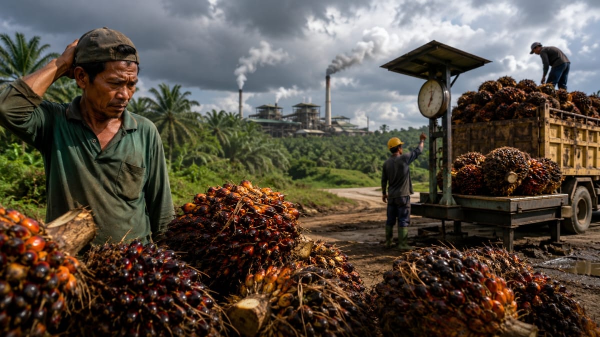 Ilustrasi petani sawit di dekat tumpukan TBS, truk angkut, timbangan, dan pabrik kelapa sawit di Kalimantan Tengah.