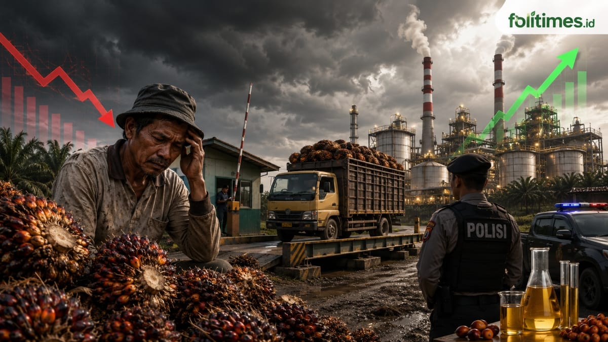 Ilustrasi petani sawit terdampak penurunan harga TBS, truk pengangkut sawit, pabrik kelapa sawit, aparat kepolisian, dan grafik harga CPO naik