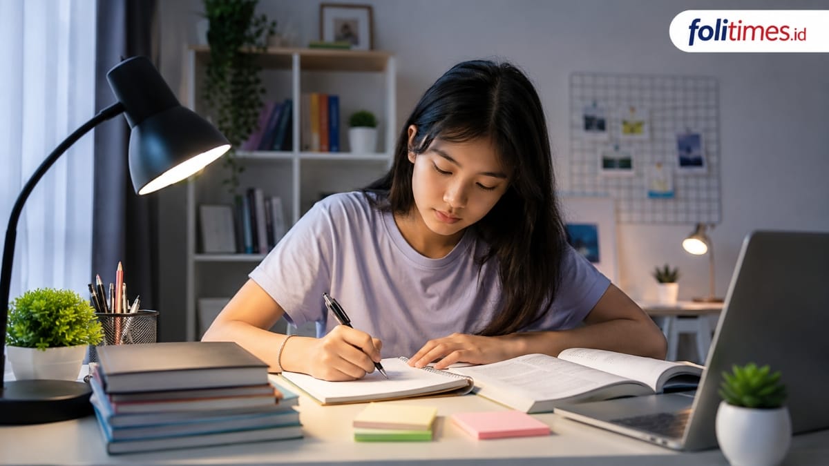 Siswa belajar di rumah dengan buku, catatan, dan laptop