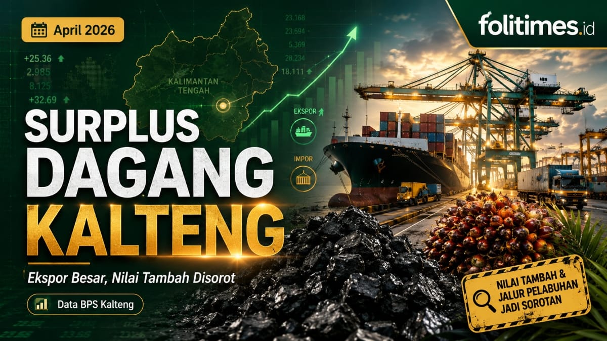Ilustrasi pelabuhan, batu bara, sawit, dan grafik ekspor Kalimantan Tengah April 2026