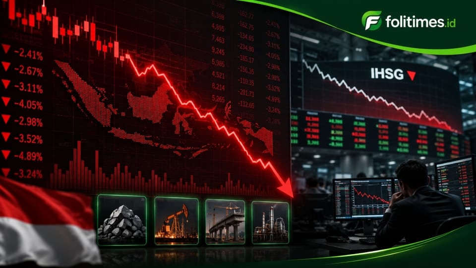 Ilustrasi tekanan pasar saham Indonesia. IHSG bergerak melemah tajam saat sektor barang baku, energi, infrastruktur, dan industri menjadi sorotan investor.