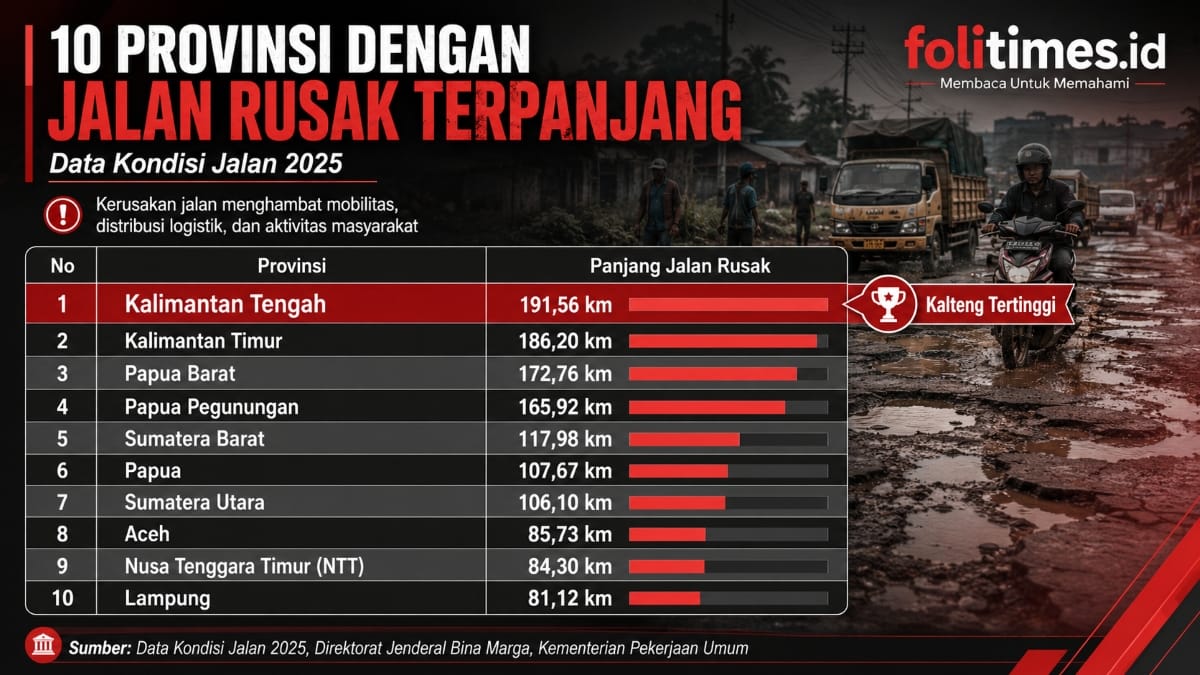 Infografis 10 provinsi dengan jalan rusak terpanjang berdasarkan Data Kondisi Jalan 2025, Kalimantan Tengah tertinggi dengan 191,56 kilometer