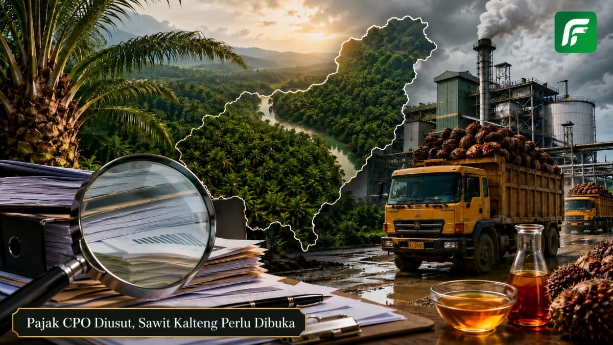 Ilustrasi investigasi pajak CPO, perkebunan sawit, pabrik kelapa sawit, dan dokumen pemeriksaan di Kalimantan Tengah