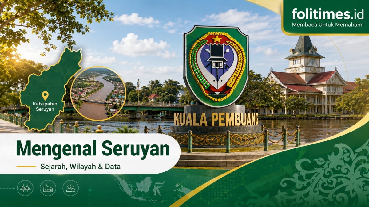 mengenal Kabupaten Seruyan dengan latar Kuala Pembuang, sungai, peta wilayah, dan ikon daerah
