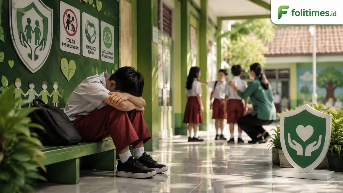 Ilustrasi siswa di koridor sekolah dengan simbol perlindungan anak yang menggambarkan isu bullying dan pentingnya sekolah aman di Kalimantan Tengah