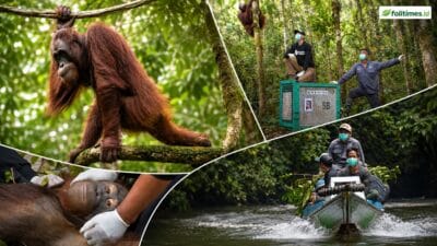 Petugas konservasi melepasliarkan orangutan Kalimantan hasil rehabilitasi Nyaru Menteng ke Taman Nasional Bukit Baka Bukit Raya
