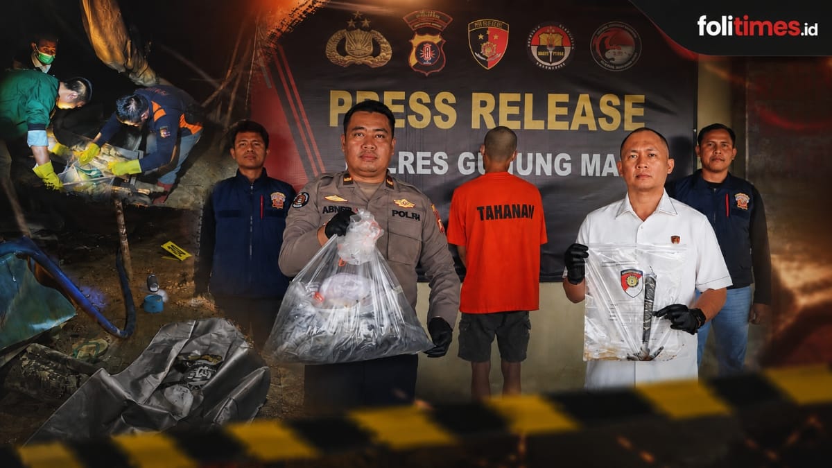 Petugas Polres Gunung Mas menunjukkan barang bukti saat press release pengungkapan kasus pembunuhan di Tewah, di kawasan pendulangan emas Sungai Barou. Foto. Ist