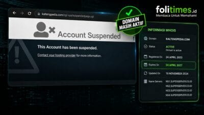 ampilan situs Kaltengpedia Account Suspended dan informasi WHOIS domain aktif.