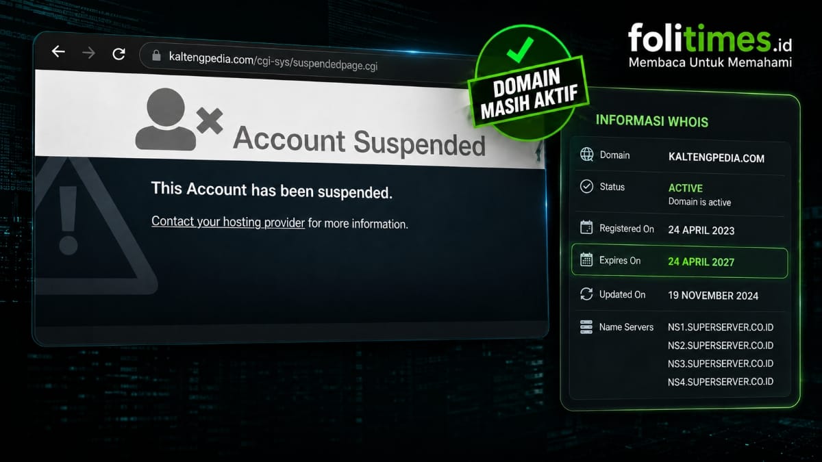 ampilan situs Kaltengpedia Account Suspended dan informasi WHOIS domain aktif.