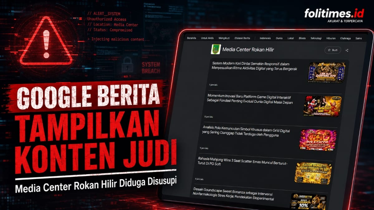 Tangkapan layar Google Berita memperlihatkan kanal Media Center Rokan Hilir menampilkan sejumlah artikel dengan thumbnail bernuansa judi online.