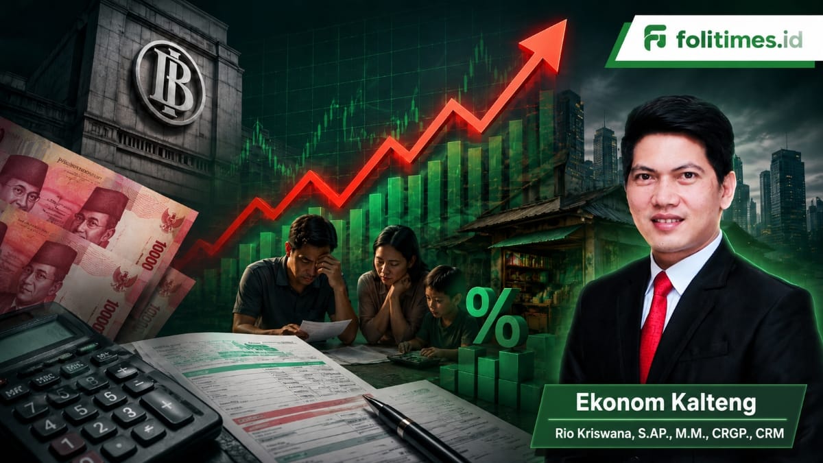 Ilustrasi kenaikan BI Rate dengan latar grafik ekonomi dan foto Ekonom Kalteng Rio Kriswana