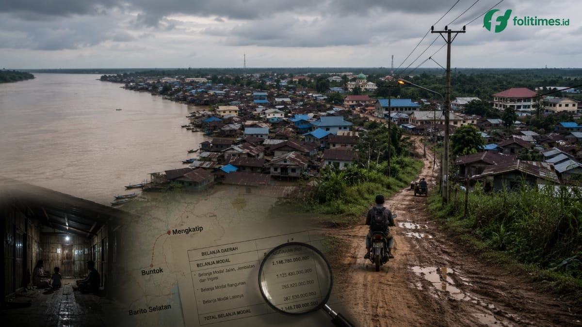 lustrasi permukiman warga Mengkatip di tepian sungai dengan akses jalan terbatas dan sorotan dokumen anggaran kepastian listrik 24 jam