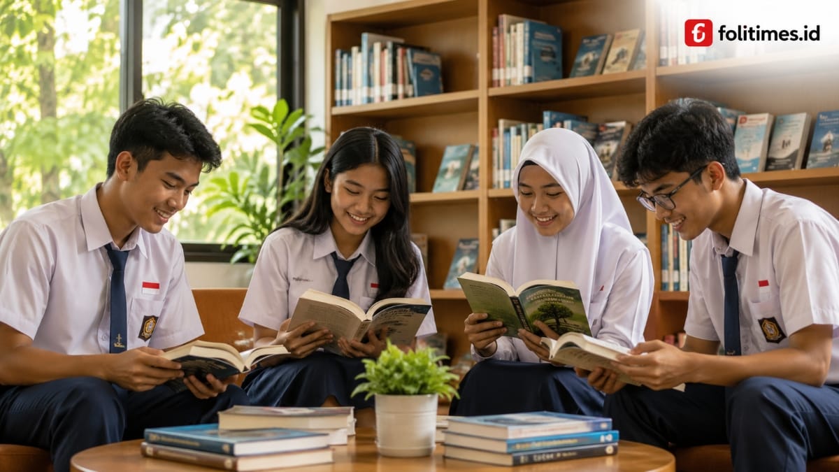 Pelajar membaca buku bersama di perpustakaan sekolah