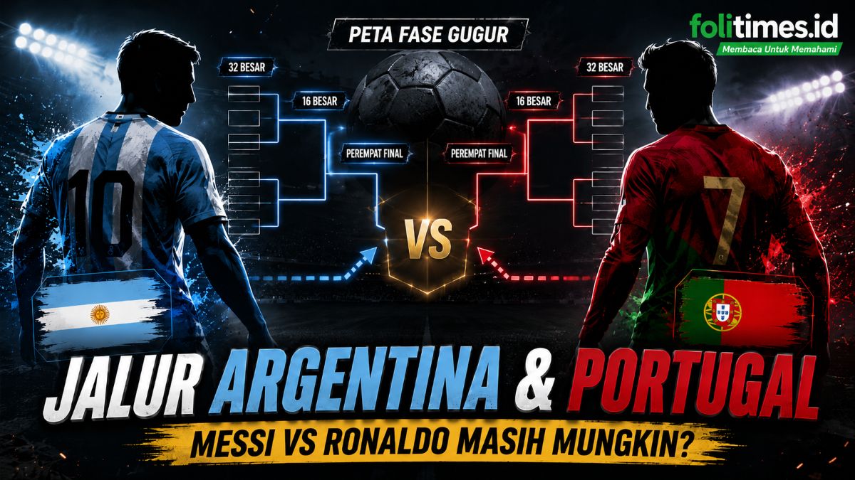 Bagan fase gugur Piala Dunia 2026 membuka peluang panjang duel Argentina dan Portugal, dengan bayang-bayang rivalitas Lionel Messi dan Cristiano Ronaldo. Foto: Ilustrasi/folitimes.id