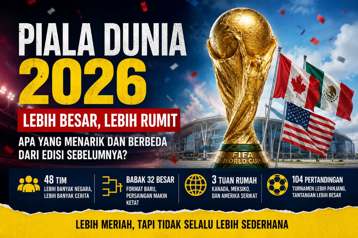 Ilustrasi Piala Dunia 2026. Format 48 tim, tiga negara tuan rumah, babak 32 besar, dan 104 pertandingan membuat turnamen tahun ini lebih besar, lebih meriah, sekaligus lebih rumit dibanding edisi sebelumnya