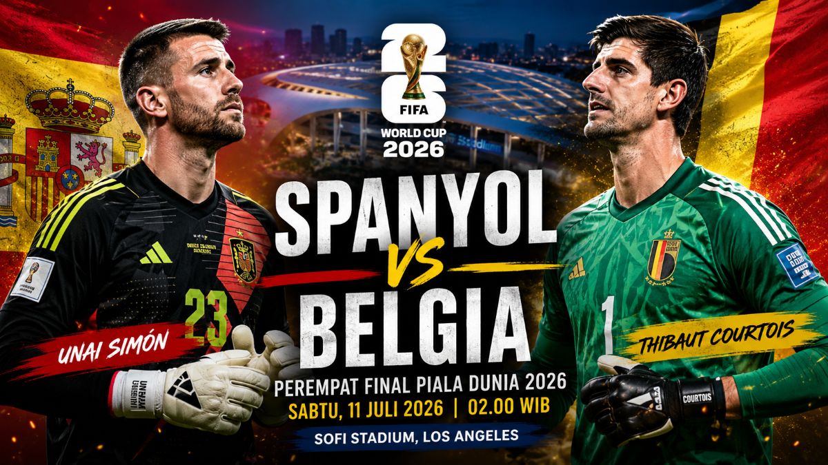 Ilustrasi duel Spanyol vs Belgia pada perempat final Piala Dunia 2026. Kedua tim berebut satu tiket menuju semifinal.