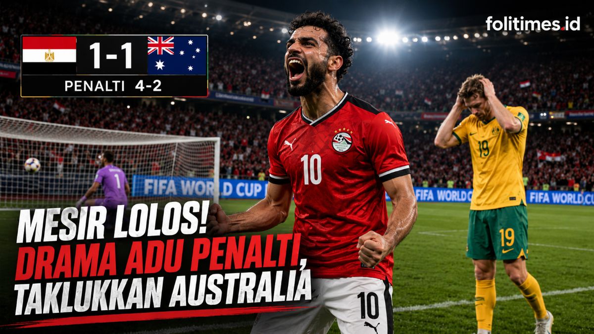 Ilustrasi kemenangan Mesir atas Australia lewat adu penalti pada babak 32 besar Piala Dunia 2026. (Ilustrasifolitimes.id)