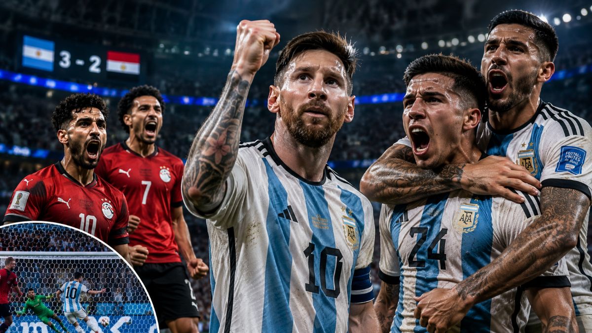 Ilustrasi kemenangan dramatis Argentina atas Mesir yang mengantar Albiceleste ke perempat final Piala Dunia 2026 dengan sejumlah catatan evaluasi.