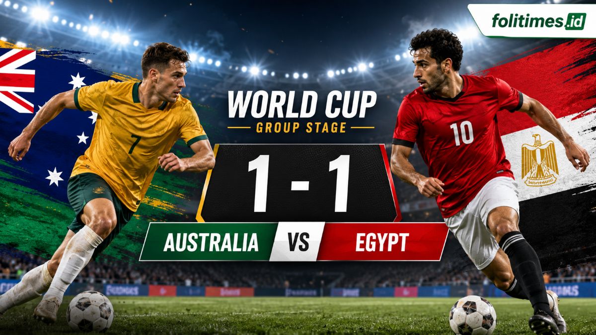 Ilustrasi laga Australia melawan Mesir pada babak 32 besar Piala Dunia 2026 yang berakhir imbang 1-1 hingga waktu normal. (Ilustrasi/folitimes.id)