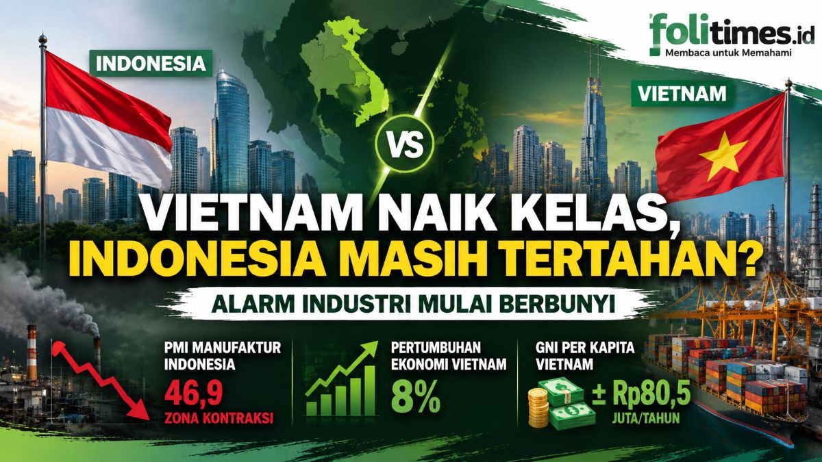 **Keterangan Foto:** **Ilustrasi perbandingan perkembangan industri dan pertumbuhan ekonomi Indonesia dengan Vietnam. Sejumlah ekonom menilai keberhasilan Vietnam menjadi negara berpendapatan menengah atas didorong oleh industrialisasi yang konsisten dan kebijakan investasi berorientasi ekspor, sementara Indonesia dinilai masih menghadapi tantangan dalam memperkuat sektor manufaktur.** *(Ilustrasi: Folitimes.id/AI)* **Alternatif yang lebih singkat:** **Ilustrasi perbandingan ekonomi Indonesia dan Vietnam. Vietnam resmi masuk kategori negara berpendapatan menengah atas, sementara Indonesia didorong mempercepat transformasi industri untuk meningkatkan daya saing.** *(Ilustrasi: Folitimes.id)*