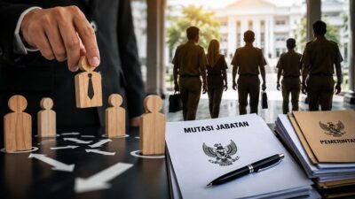 Ilustrasi proses mutasi jabatan aparatur sipil negara yang menyoroti pentingnya sistem merit, transparansi, dan peningkatan pelayanan publik.
