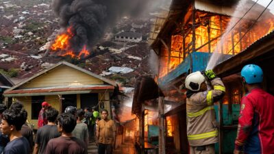 Kobaran api melahap puluhan rumah di Gang Sari 45, Kelurahan Pahandut, Palangka Raya, petugas dan relawan berjibaku memadamkan kebakaran. foto IST