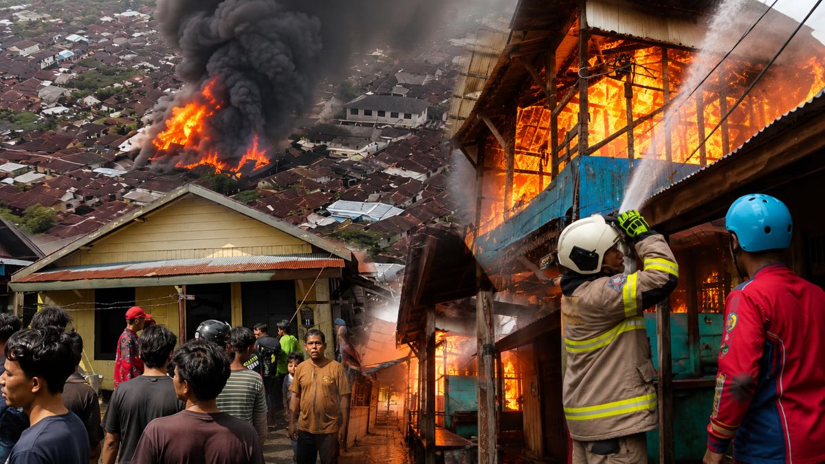 Kobaran api melahap puluhan rumah di Gang Sari 45, Kelurahan Pahandut, Palangka Raya, petugas dan relawan berjibaku memadamkan kebakaran. foto IST