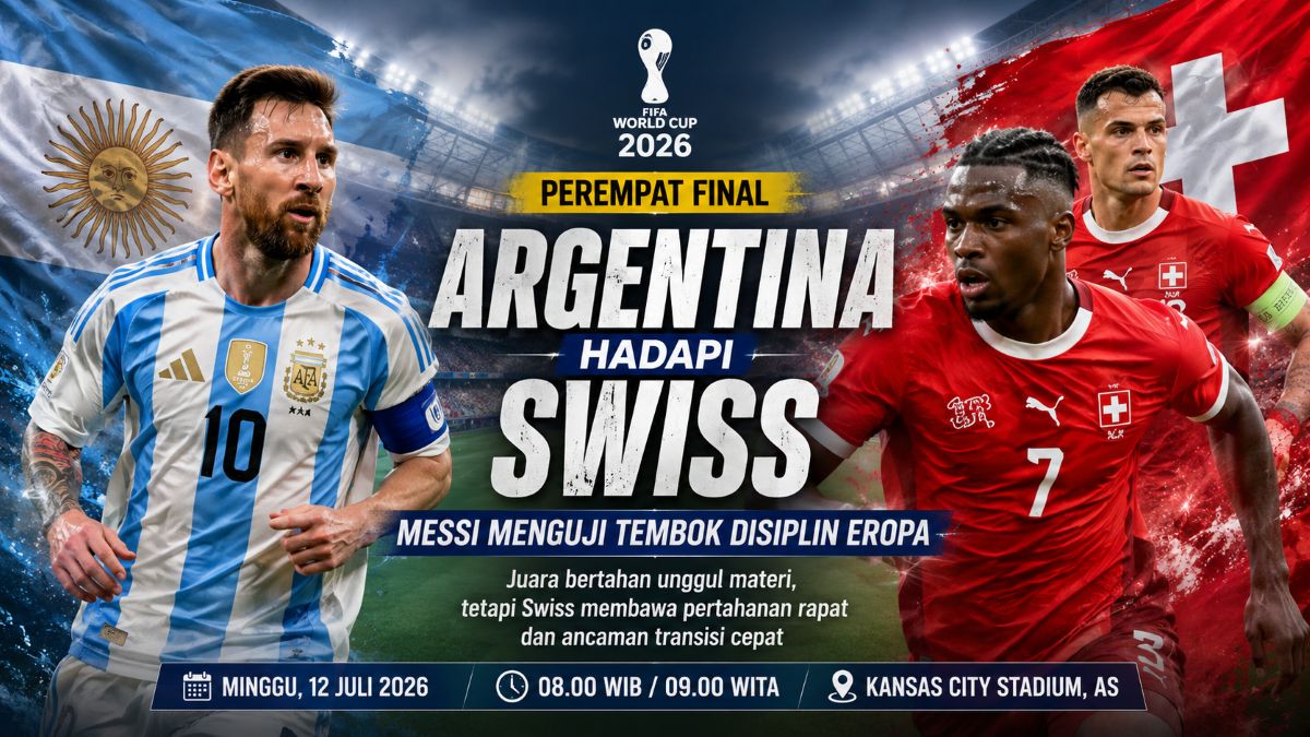 Lionel Messi memimpin Argentina menghadapi Swiss pada perempat final Piala Dunia 2026 di Kansas City dalam duel penentu tiket semifinal.