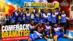 Pemain Aji Jaya merayakan kemenangan dramatis usai membalikkan keadaan dan menyingkirkan Polres Kotim di Kapolda Cup II 2026.