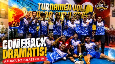 Pemain Aji Jaya merayakan kemenangan dramatis usai membalikkan keadaan dan menyingkirkan Polres Kotim di Kapolda Cup II 2026.
