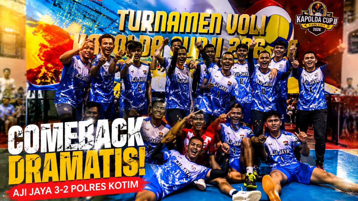 Pemain Aji Jaya merayakan kemenangan dramatis usai membalikkan keadaan dan menyingkirkan Polres Kotim di Kapolda Cup II 2026.