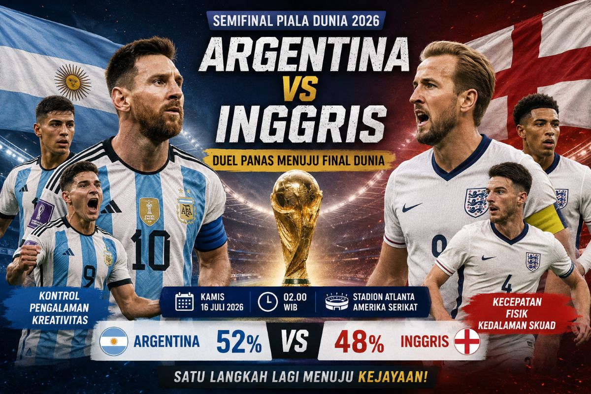 Pemain Argentina dan Inggris bersiap menghadapi duel semifinal Piala Dunia 2026 yang diprediksi berlangsung ketat menuju final.