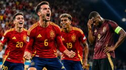 Pemain Spanyol merayakan gol kemenangan atas Belgia yang memastikan langkah La Roja ke semifinal Piala Dunia 2026.