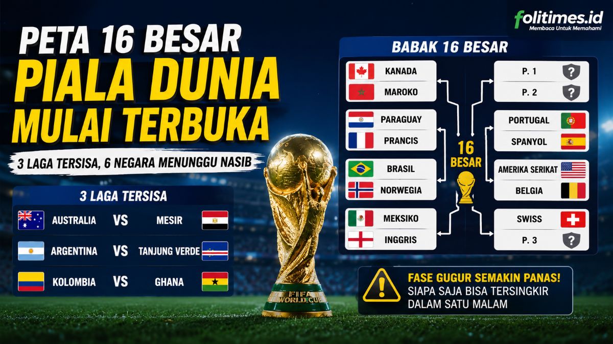 Peta babak 16 besar Piala Dunia 2026 mulai terbuka setelah 13 negara memastikan lolos, sementara tiga laga terakhir masih menentukan nasib enam negara. Foto: Ilustrasi/folitimes.id