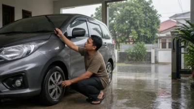 Mobil melaju dengan aman di jalan basah saat musim hujan