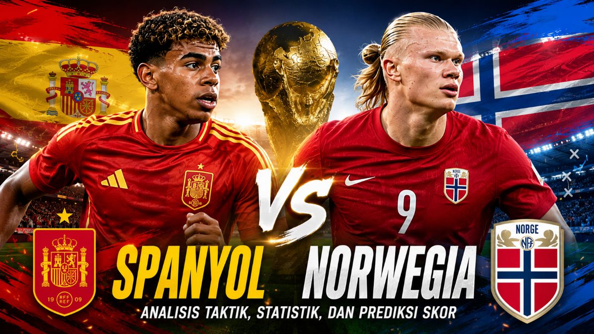simulasi duel Spanyol melawan Norwegia pada Piala Dunia 2026, menampilkan adu taktik, statistik, dan potensi skor.